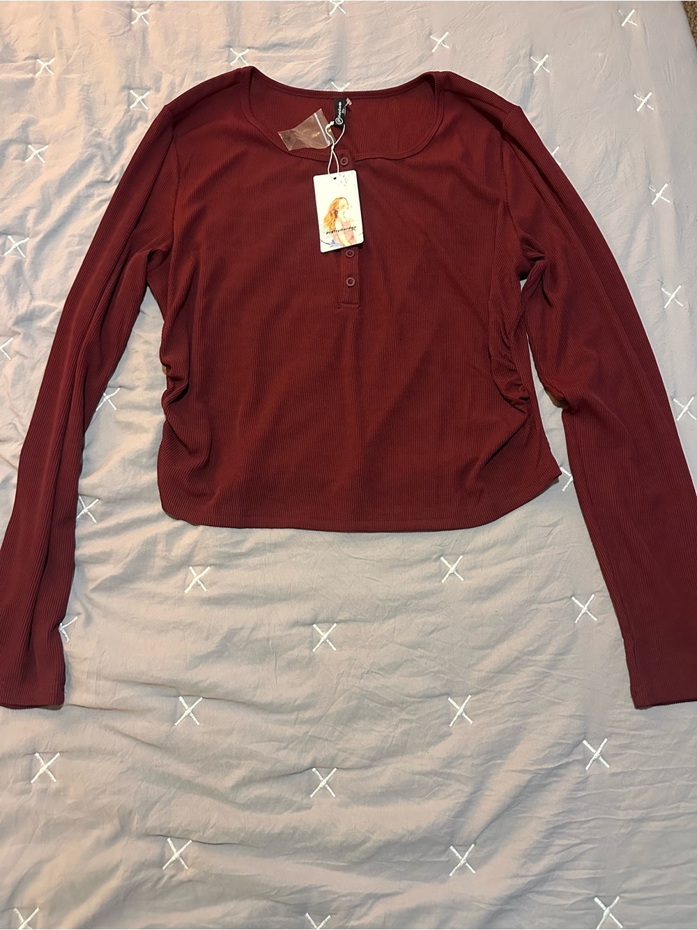 Ribbed Long-Sleeve Henley Top in Wine
